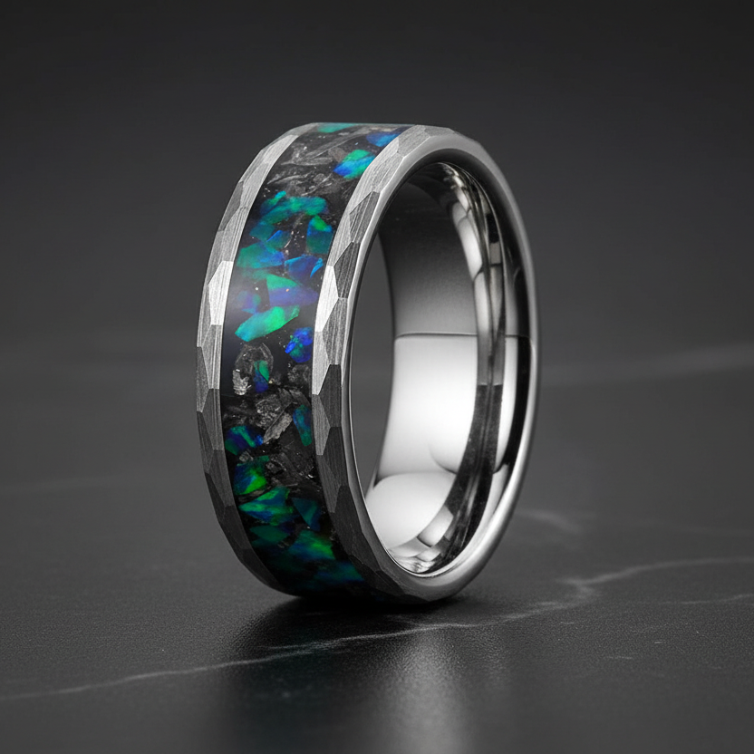 Meteorite and Opal Inlay Black Hammered Tungsten Ring