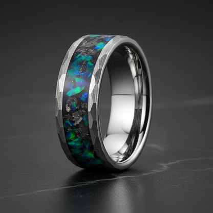 Meteorite and Opal Inlay Black Hammered Tungsten Ring