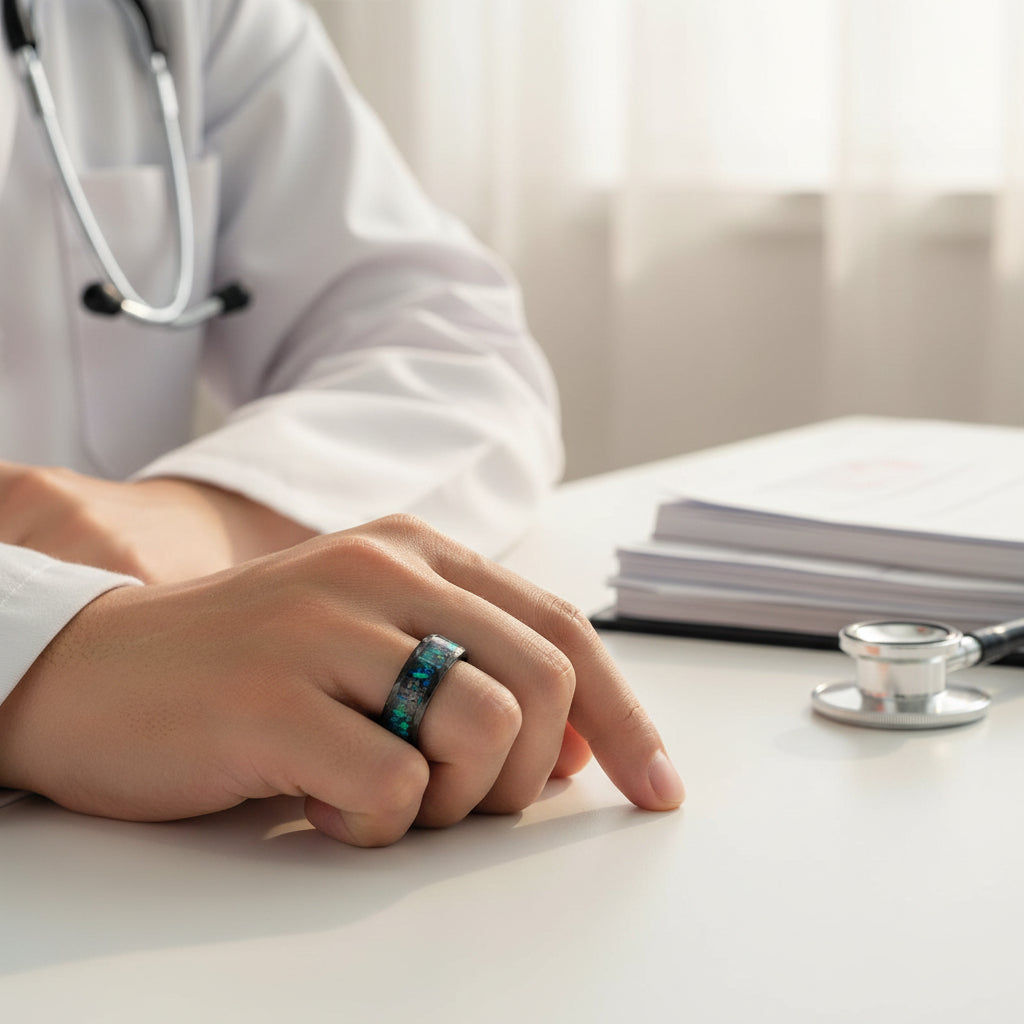 Meteorite_and_Opal_Inlay_Black_Hammered_Tungsten_Ring