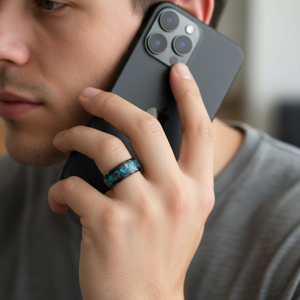 Meteorite_and_Opal_Inlay_Black_Hammered_Tungsten_Ring