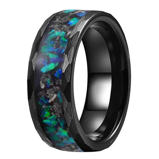 Meteorite_and_Opal_Inlay_Black_Hammered_Tungsten_Ring