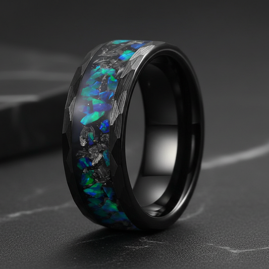 Meteorite and Opal Inlay Black Hammered Tungsten Ring
