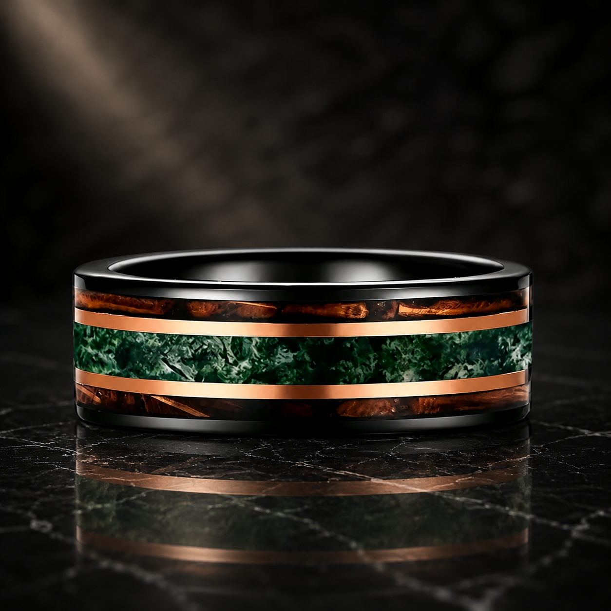 Moss Agate Wood Tungsten Ring