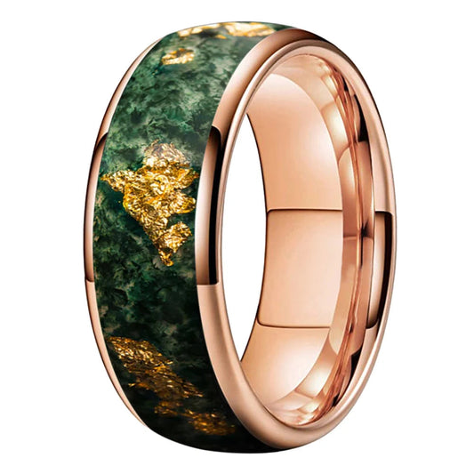 Moss Agate & Gold Foil Inlay Tungsten Wedding Ring