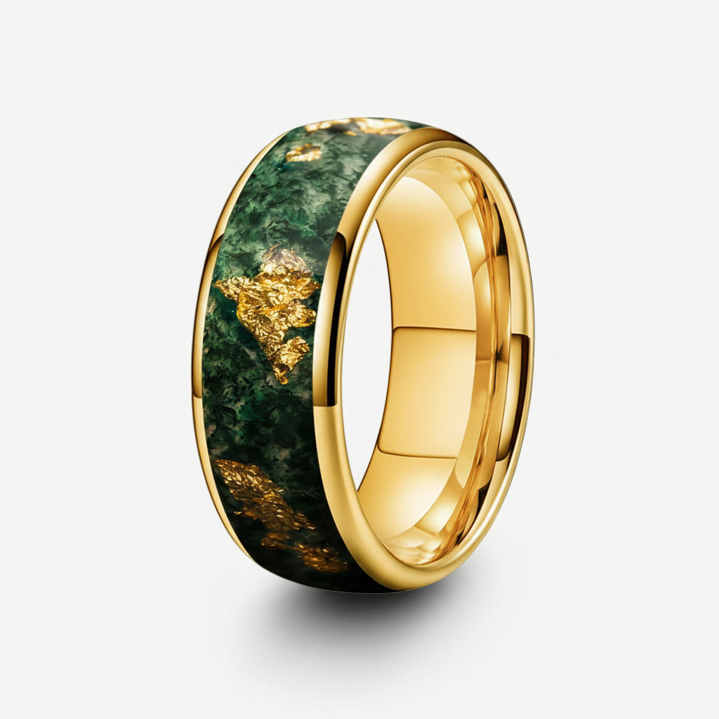 Moss Agate & Gold Foil Inlay Tungsten Wedding Ring