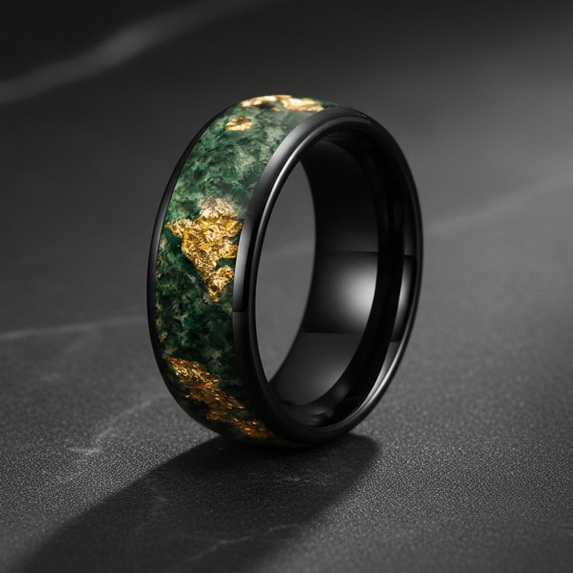 Moss Agate & Gold Foil Inlay Tungsten Wedding Ring