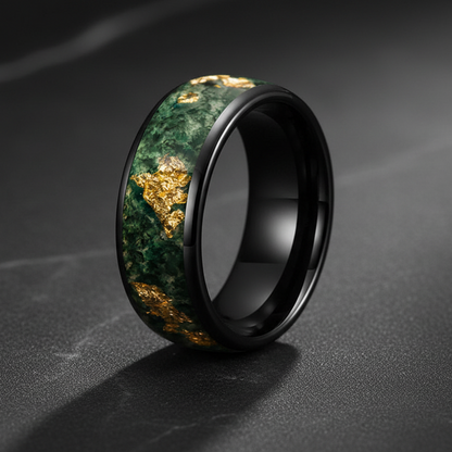 Moss Agate & Gold Foil Inlay Tungsten Wedding Ring