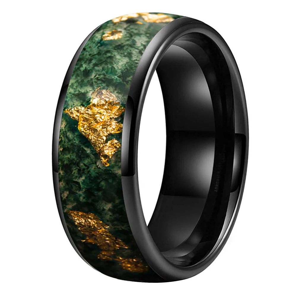 Moss Agate & Gold Foil Inlay Tungsten Wedding Ring