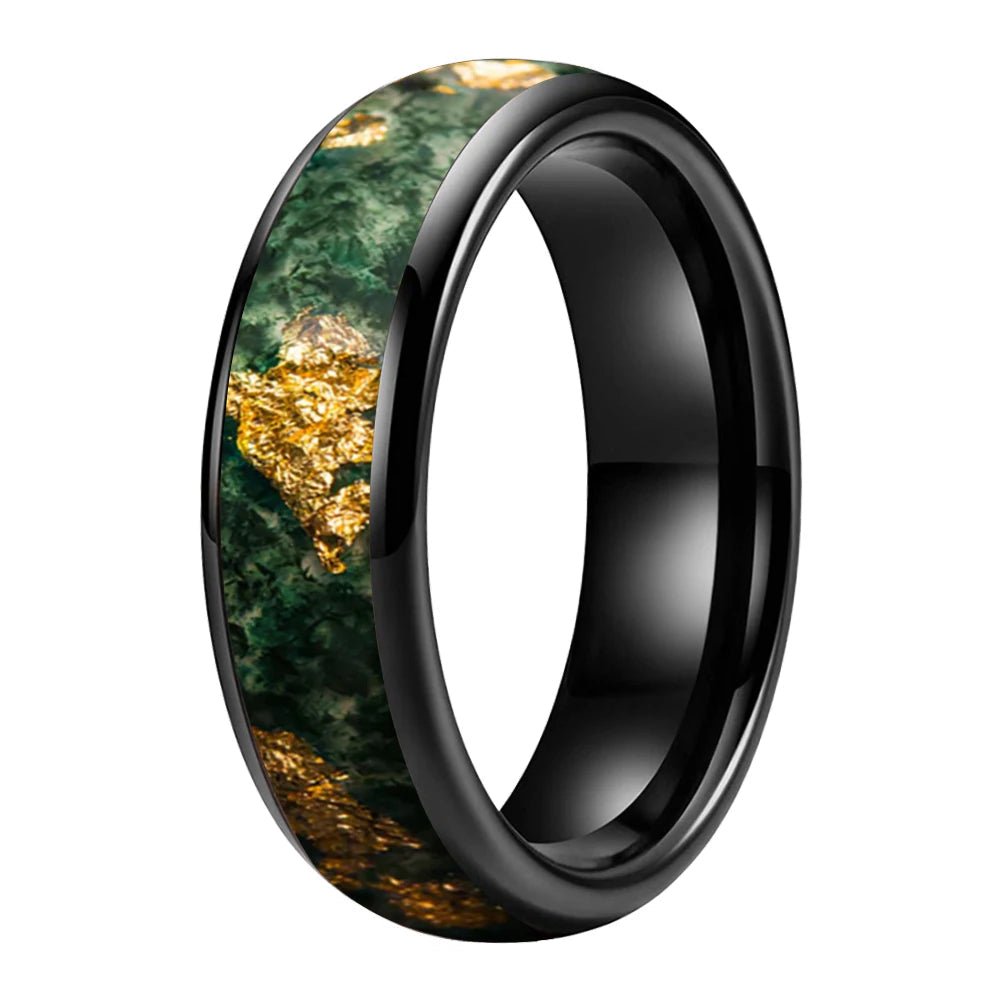 Moss Agate & Gold Foil Inlay Tungsten Wedding Ring