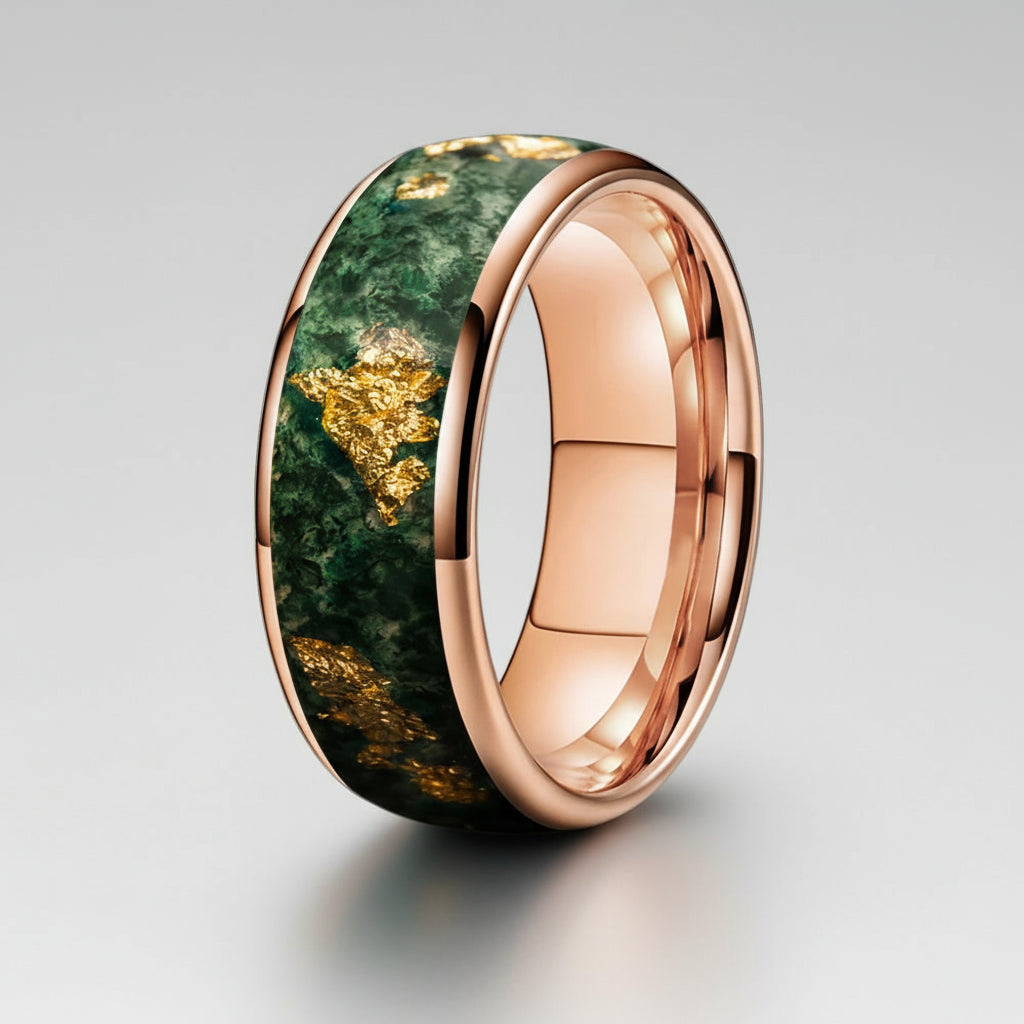 Moss Agate & Gold Foil Inlay Tungsten Wedding Ring