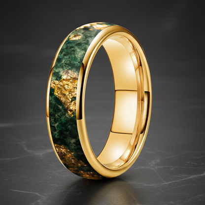 Moss Agate & Gold Foil Inlay Tungsten Wedding Ring