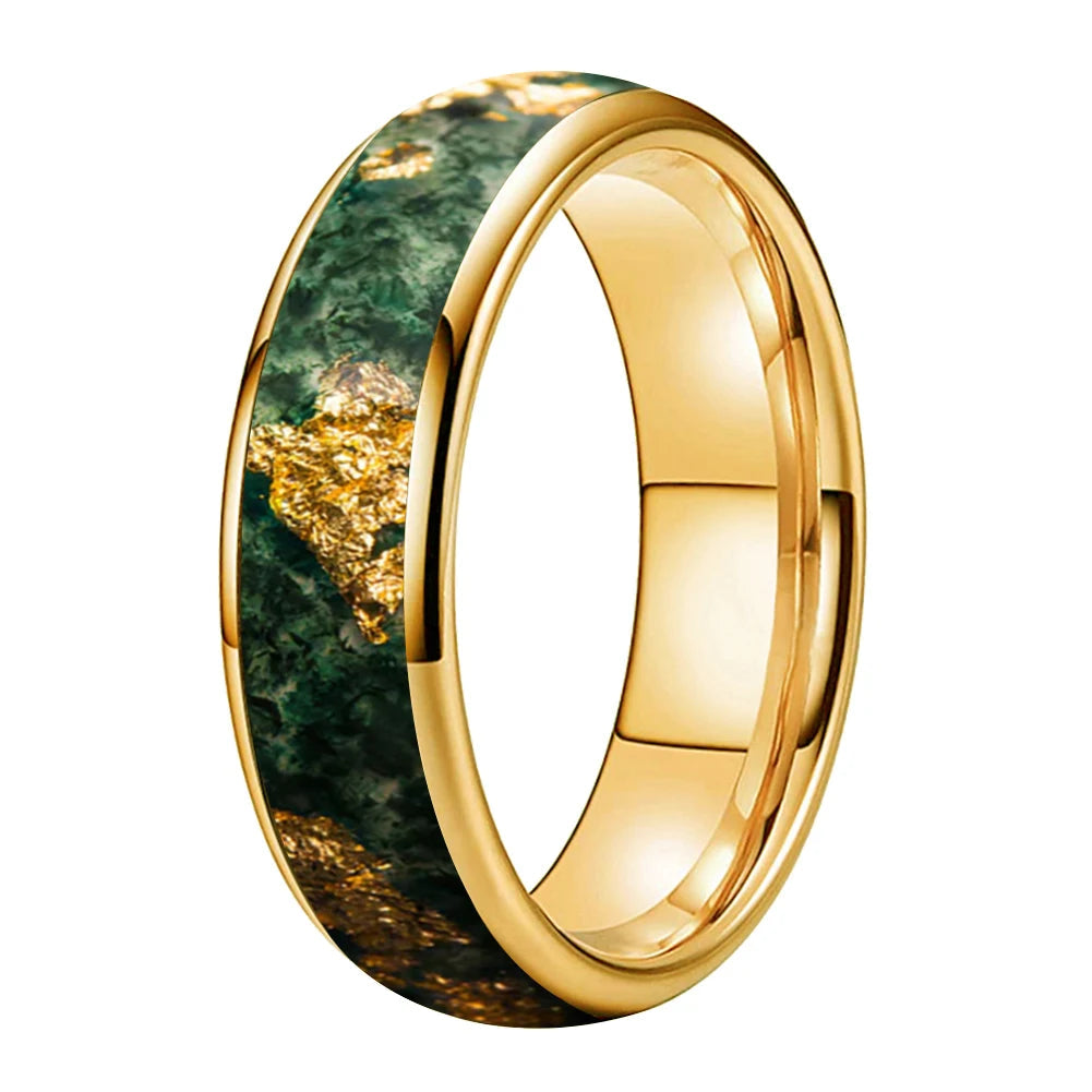 Moss Agate & Gold Foil Inlay Tungsten Wedding Ring