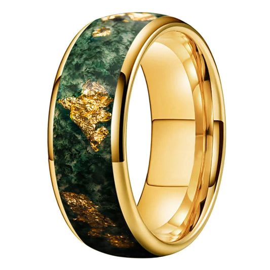 Moss Agate & Gold Foil Inlay Tungsten Wedding Ring