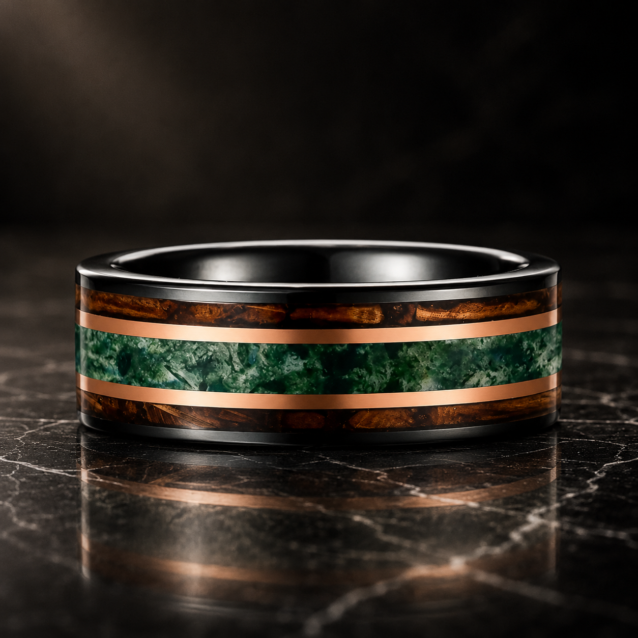 Moss Agate Wood Tungsten Ring