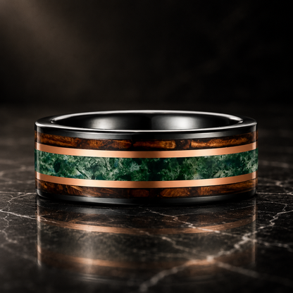 Moss Agate Wood Tungsten Ring