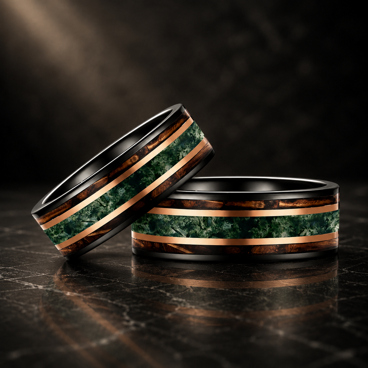 Moss Agate Wood Tungsten Ring
