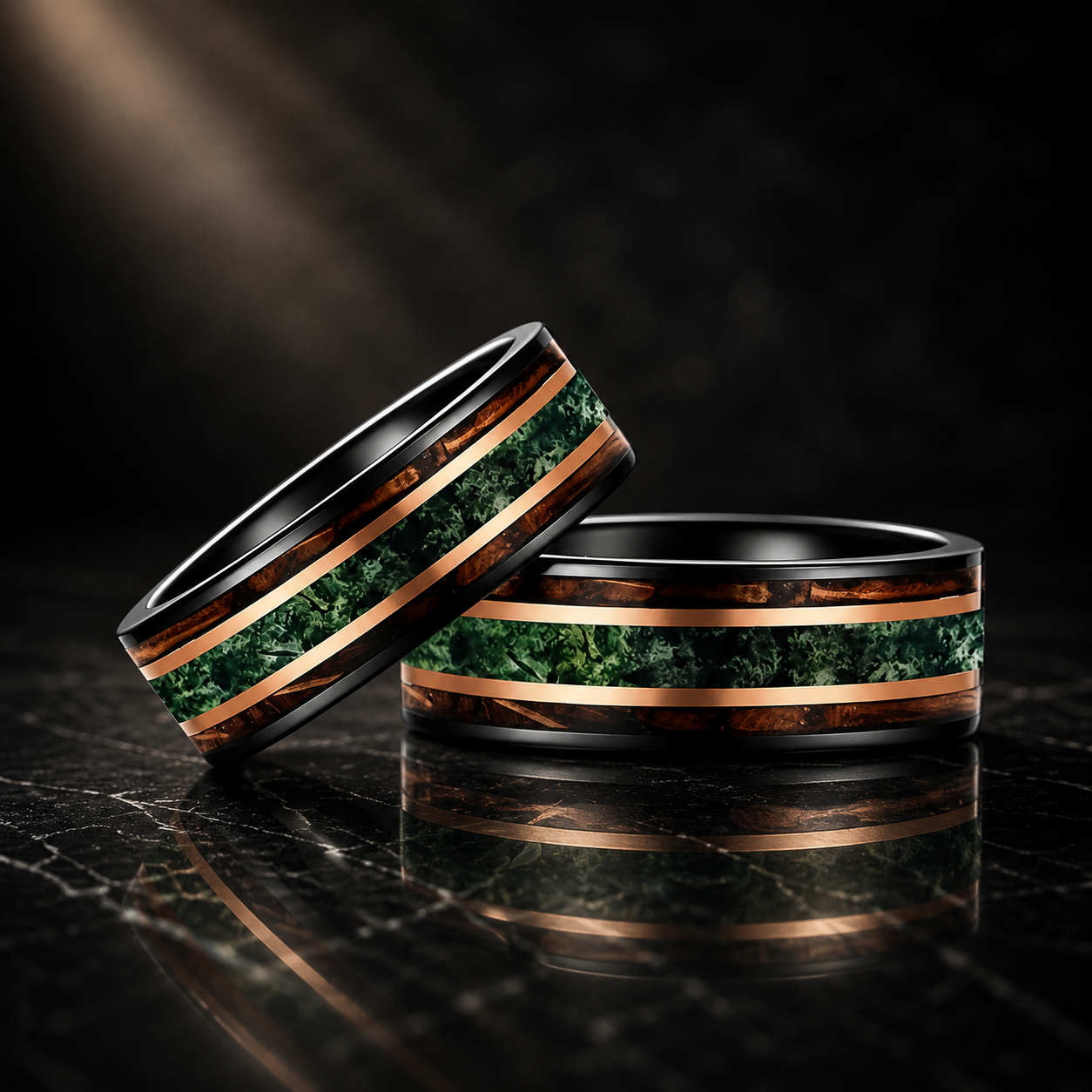 Moss Agate Wood Tungsten Ring