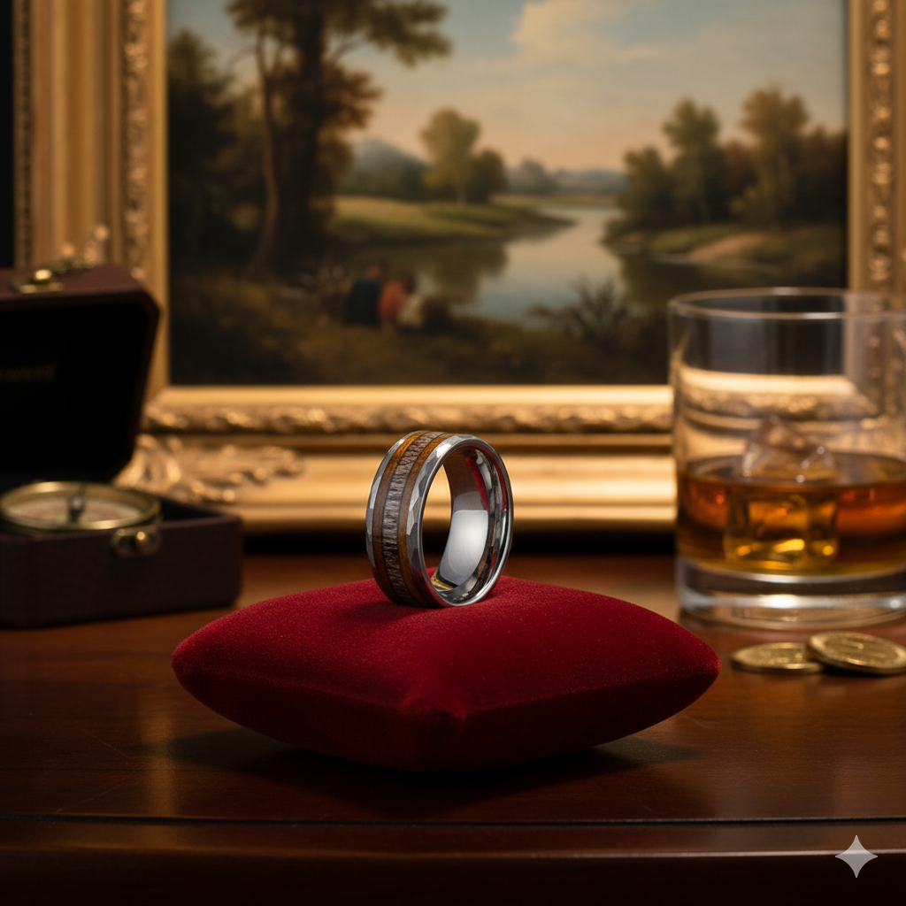 Oak Wood Deer Antler Hammered Tungsten Ring