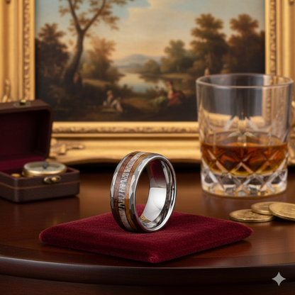Oak Wood Deer Antler Hammered Tungsten Ring