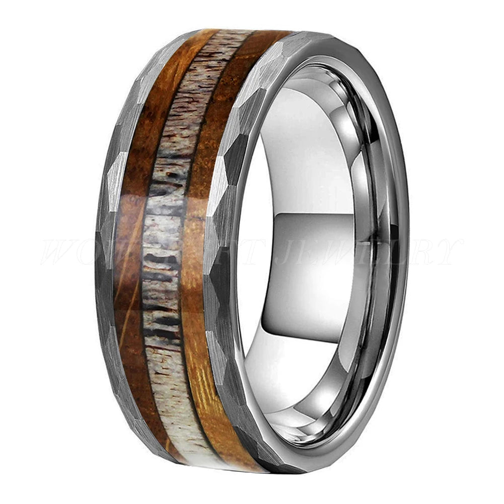 Oak Wood Deer Antler Hammered Tungsten Ring
