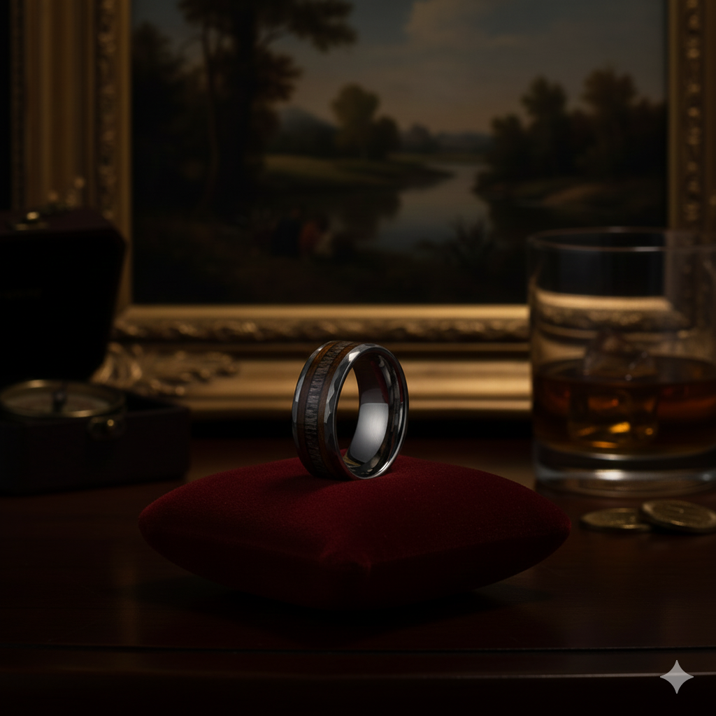 Oak Wood Deer Antler Hammered Tungsten Ring