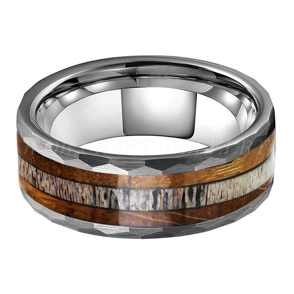 Oak Wood Deer Antler Hammered Tungsten Ring
