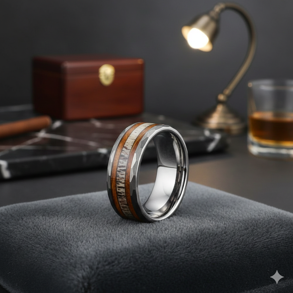 Oak Wood Deer Antler Hammered Tungsten Ring