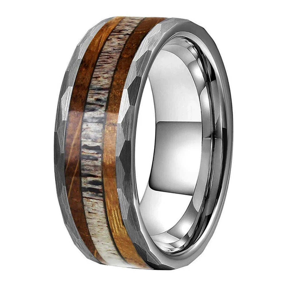 Oak Wood Deer Antler Hammered Tungsten Ring
