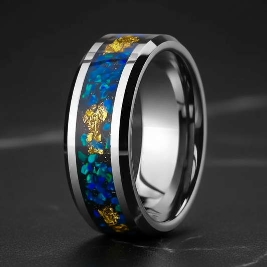 Opal & Gold Foil Tungsten Ring – Hammered Black Band