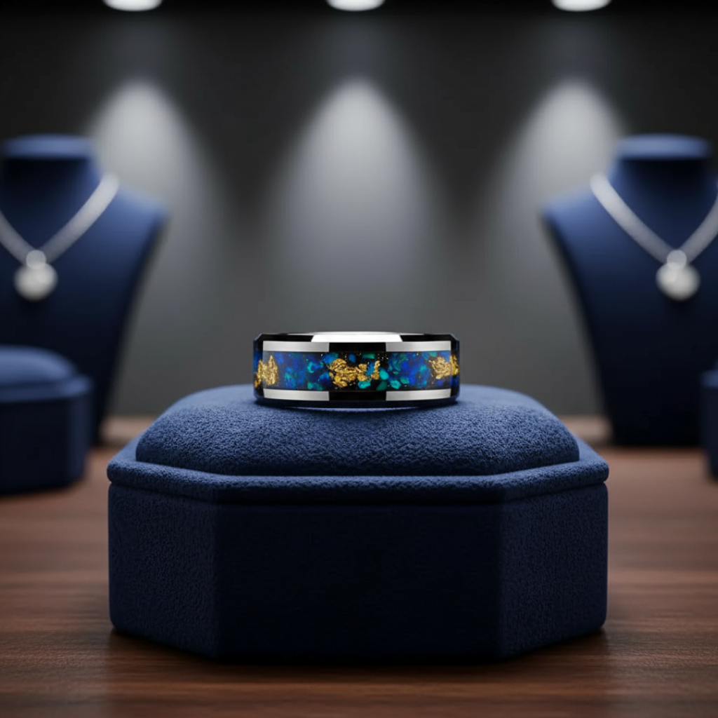 Opal & Gold Foil Tungsten Ring – Hammered Black Band