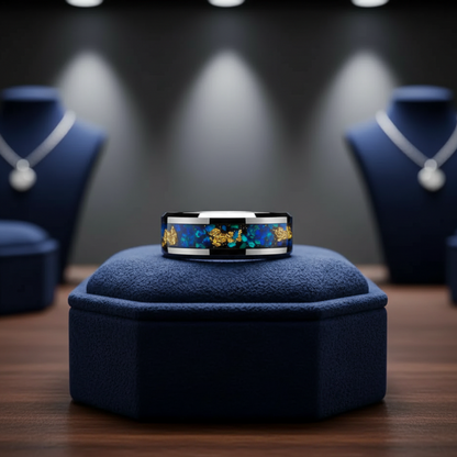 Opal & Gold Foil Tungsten Ring – Hammered Black Band