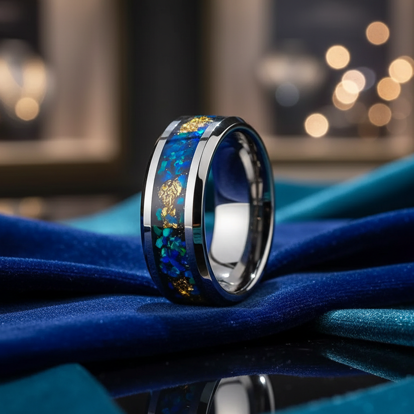 Opal & Gold Foil Tungsten Ring – Hammered Black Band