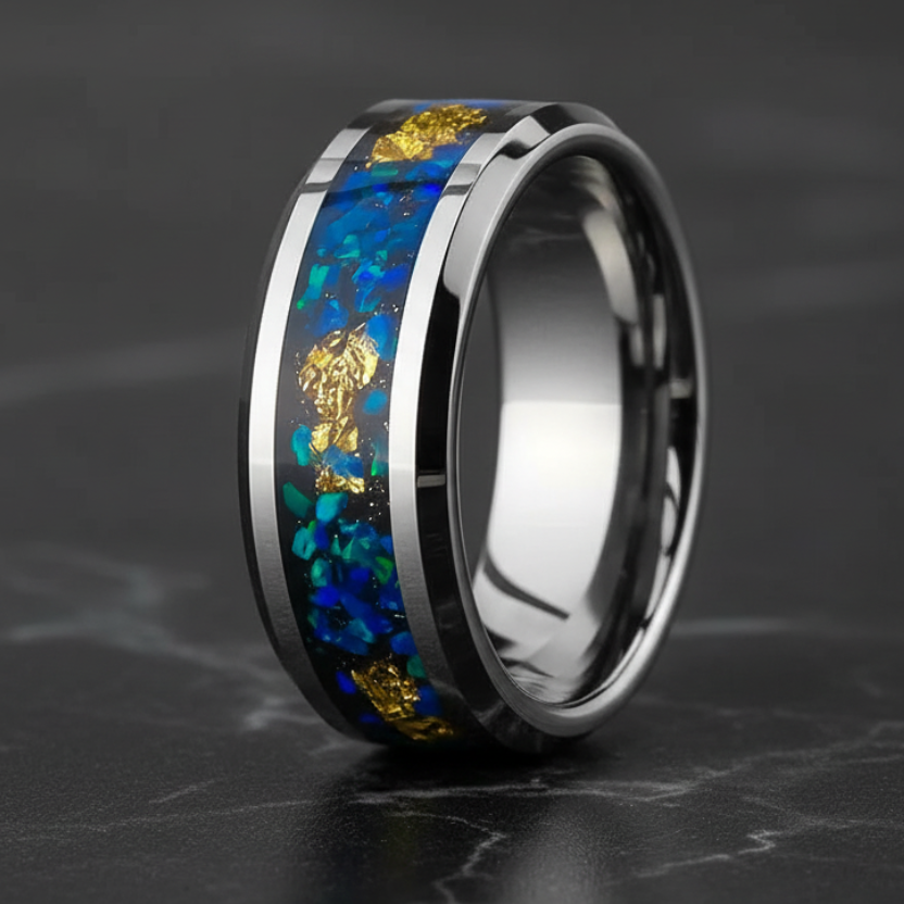 Opal & Gold Foil Tungsten Ring – Hammered Black Band