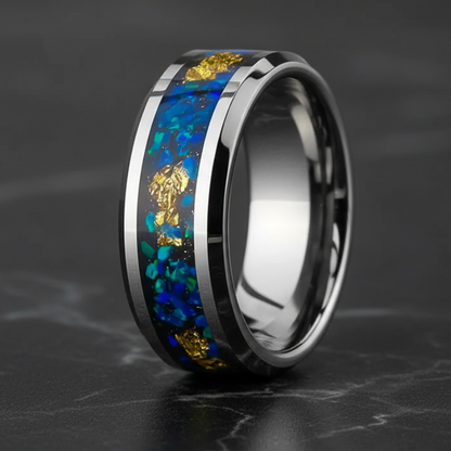 Opal & Gold Foil Tungsten Ring – Hammered Black Band