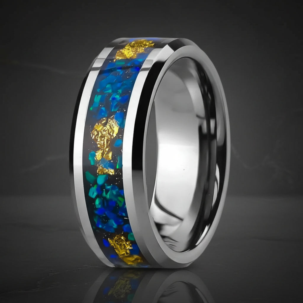 Opal & Gold Foil Tungsten Ring – Hammered Black Band