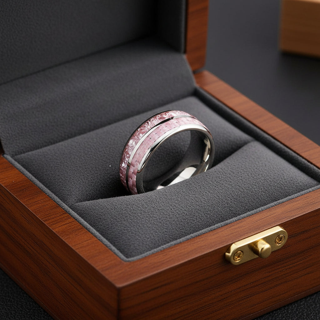 Pink Morganite & Carbon Fiber Inlay Tungsten Wedding Ring