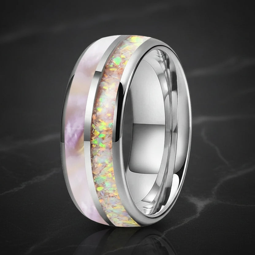 Pink Abalone & Opal Tungsten Ring-8mm