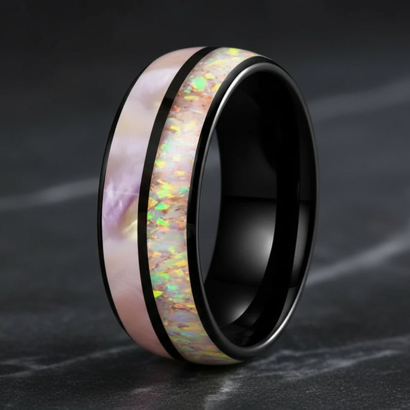 Pink Abalone & Opal Tungsten Ring
