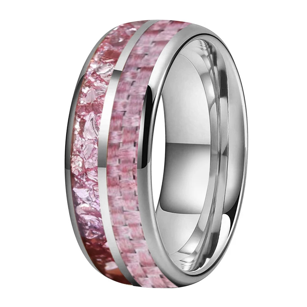 Pink Morganite & Carbon Fiber Inlay Tungsten Wedding Ring