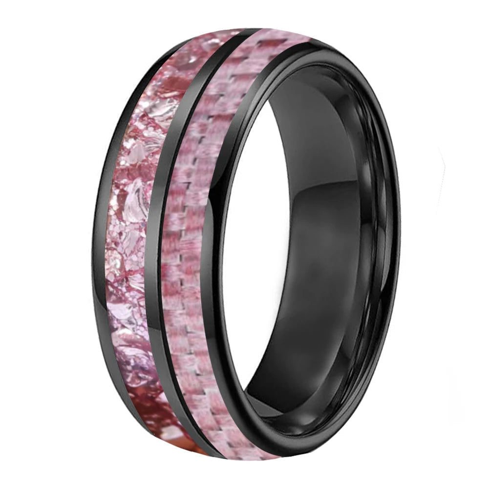 Pink Morganite & Carbon Fiber Inlay Tungsten Wedding Ring