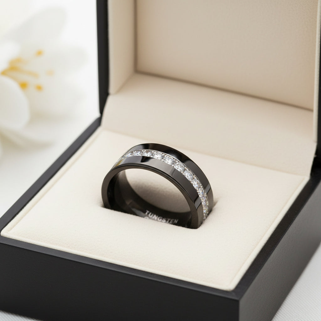 Pipe_Cut_CZ_Stone_Inlay_Black_Tungsten_Carbide_Ring