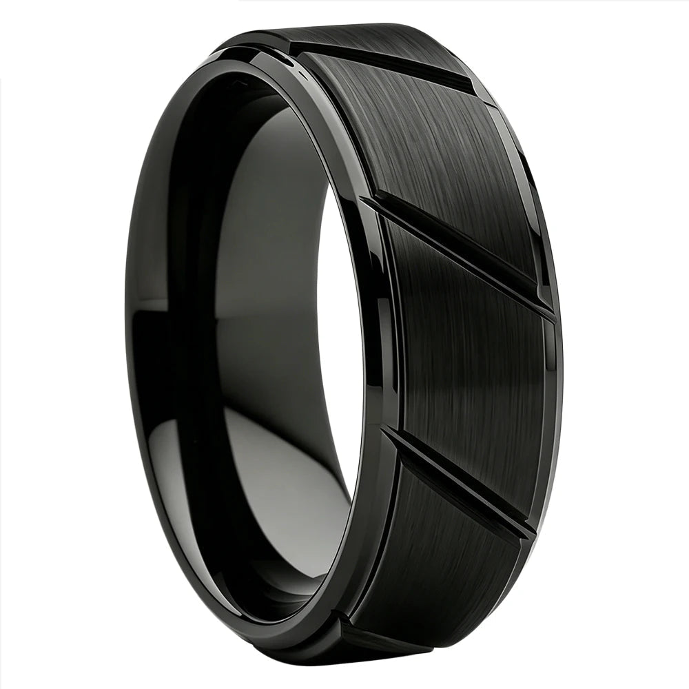 Plated Tungsten Ring with Cut Groove & Beveled Edges