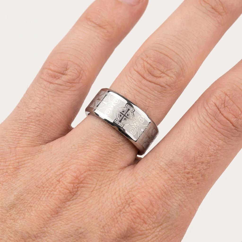 Polished Tungsten Wedding Band with Engraved Cross