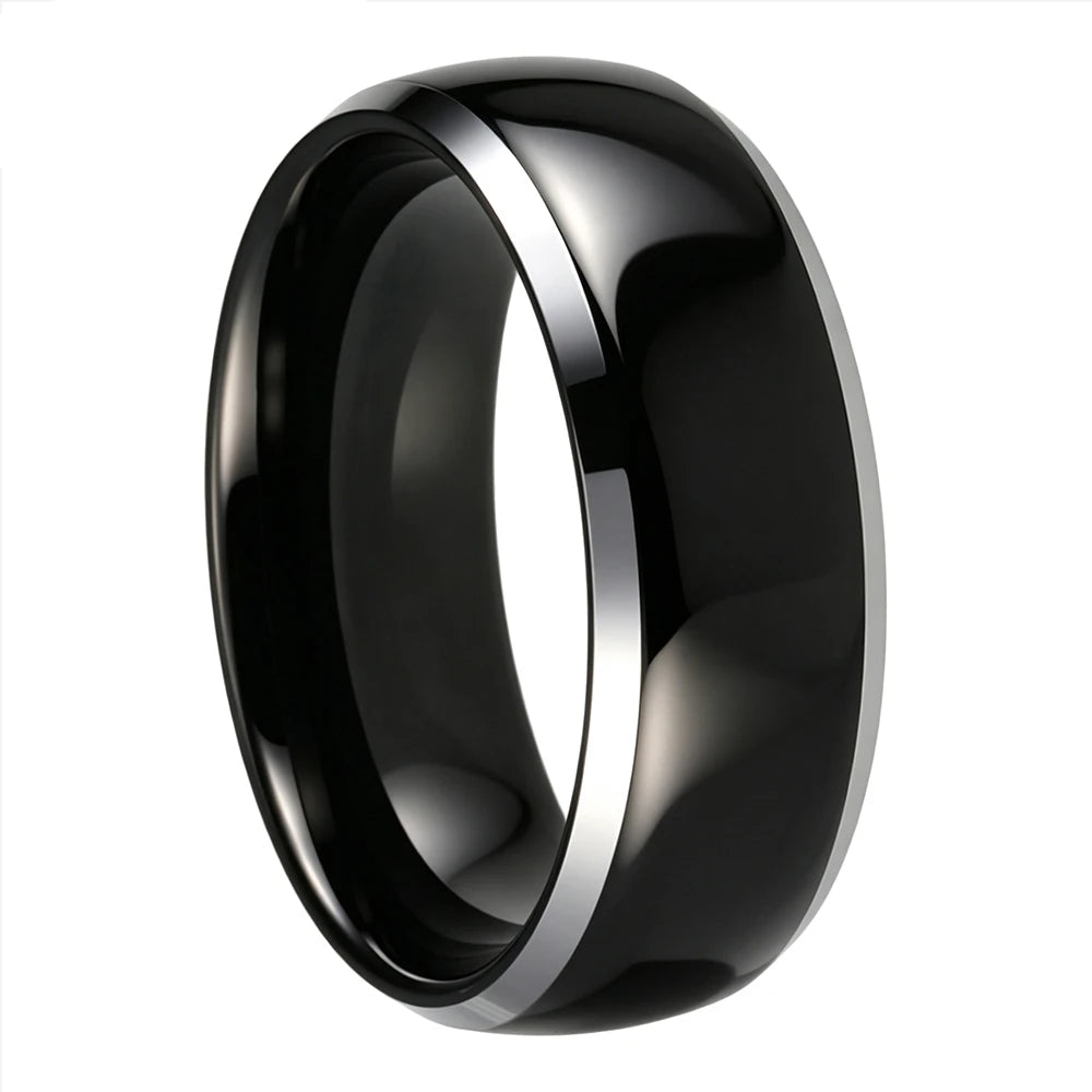Polished Tungsten Couple Ring Set with Silver Bevel Edge
