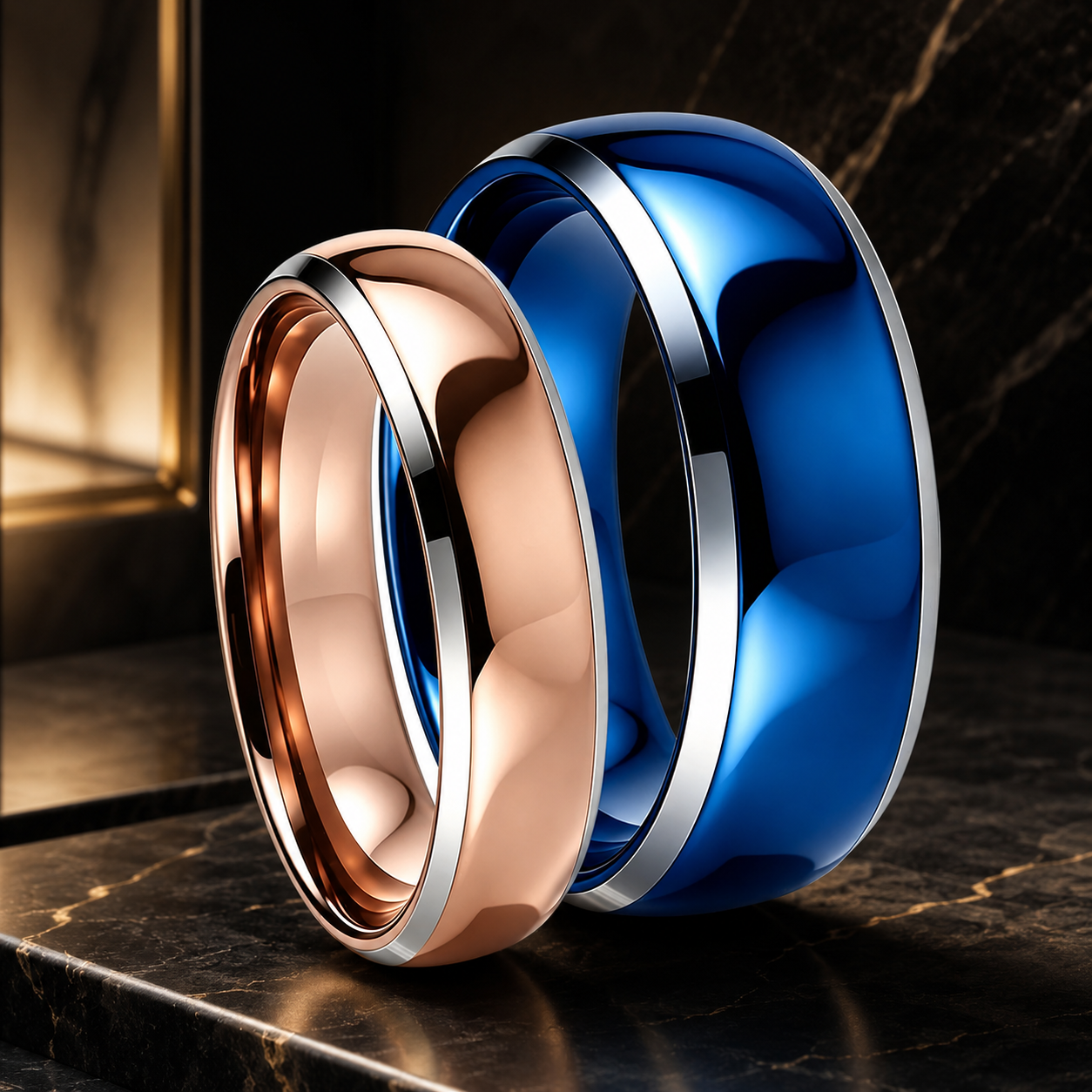 Polished Tungsten Couple Ring Set with Silver Bevel Edge