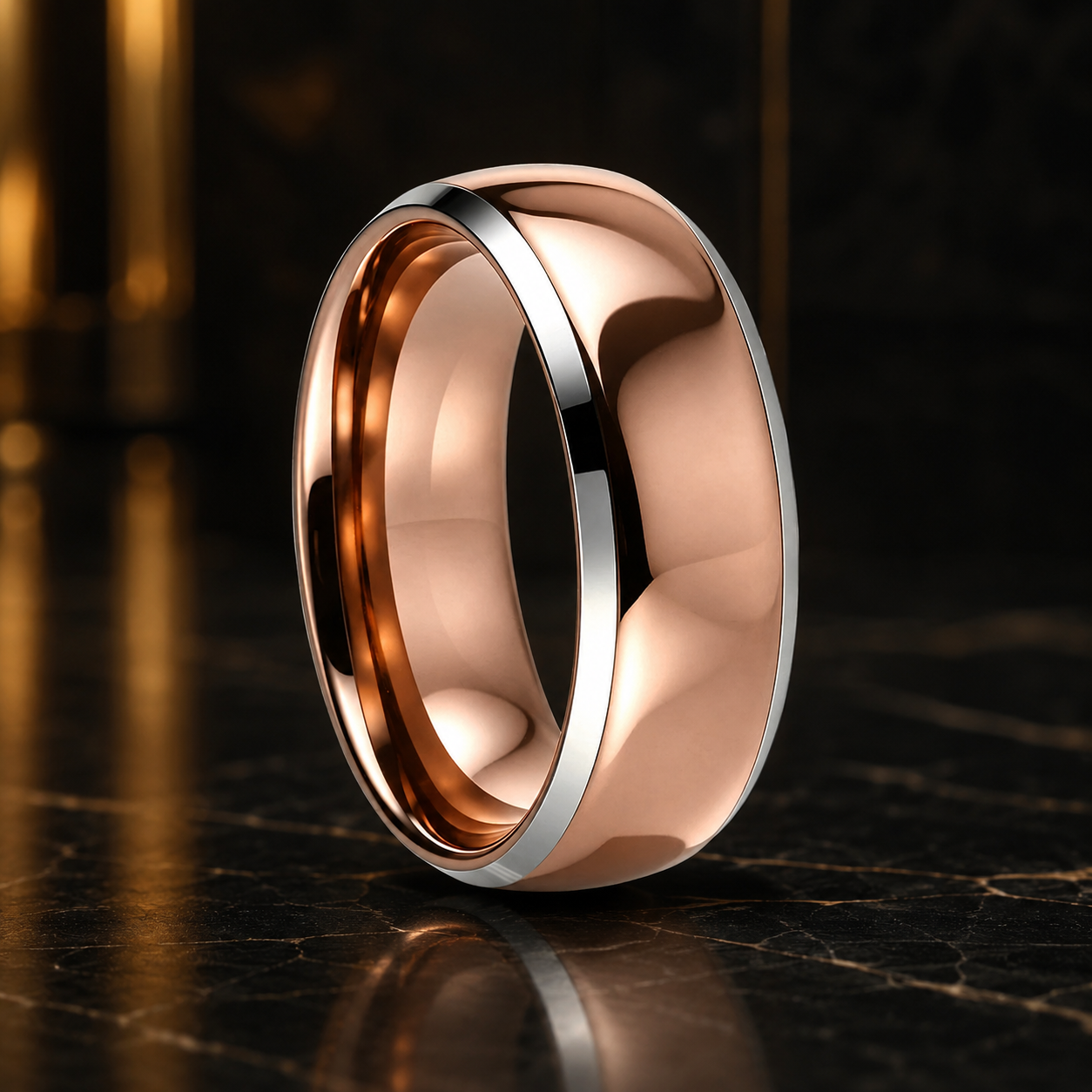 Polished Tungsten Couple Ring Set with Silver Bevel Edge