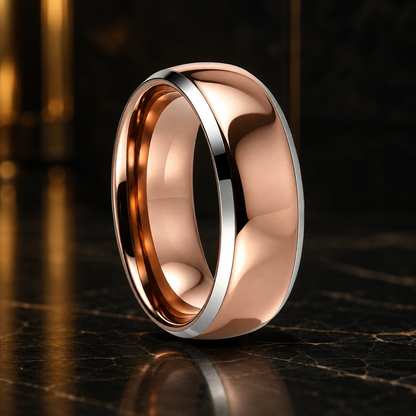 Polished Tungsten Couple Ring Set with Silver Bevel Edge