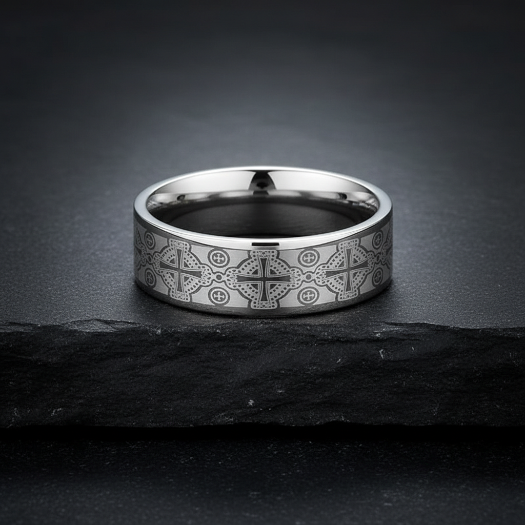 Polished Tungsten Wedding Band with Engraved Cross