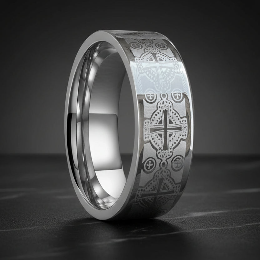Polished Tungsten Wedding Band with Engraved Cross
