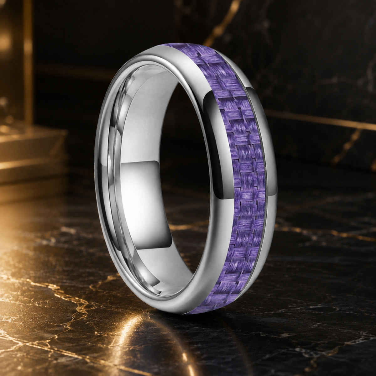 Purple Carbon Fiber Tungsten Ring with Dome Polished Finish